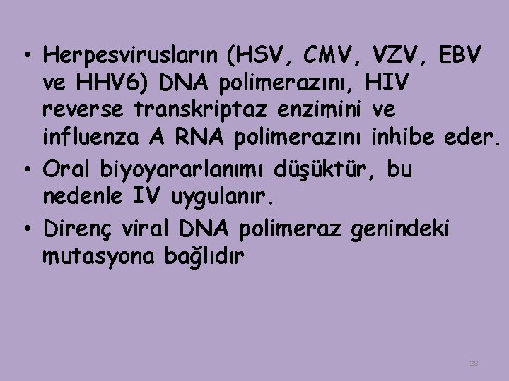  • Herpesvirusların (HSV, CMV, VZV, EBV ve HHV 6) DNA polimerazını, HIV reverse