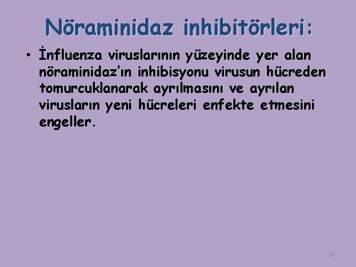 Nöraminidaz inhibitörleri: • İnfluenza viruslarının yüzeyinde yer alan nöraminidaz’ın inhibisyonu virusun hücreden tomurcuklanarak ayrılmasını