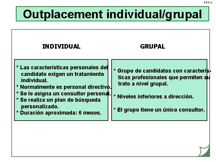 G. P. O. 8 Outplacement individual/grupal INDIVIDUAL GRUPAL * Las características personales del *
