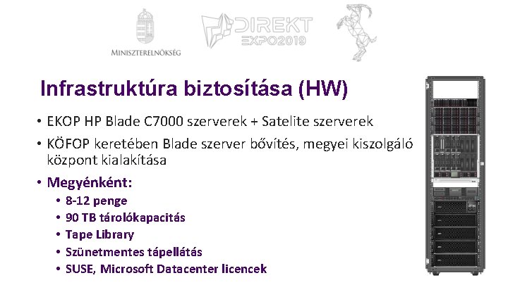 Infrastruktúra biztosítása (HW) • EKOP HP Blade C 7000 szerverek + Satelite szerverek •