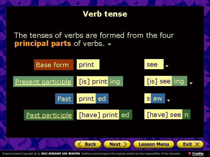 Verb tense The tenses of verbs are formed from the four principal parts of