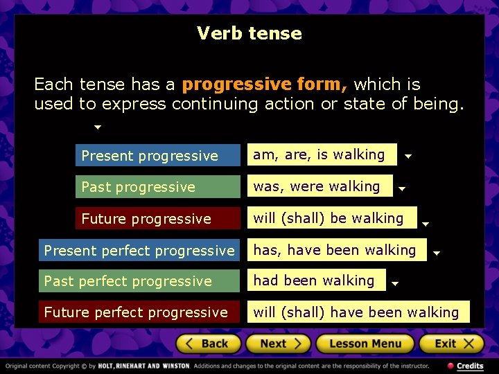 Verb tense Each tense has a progressive form, which is used to express continuing