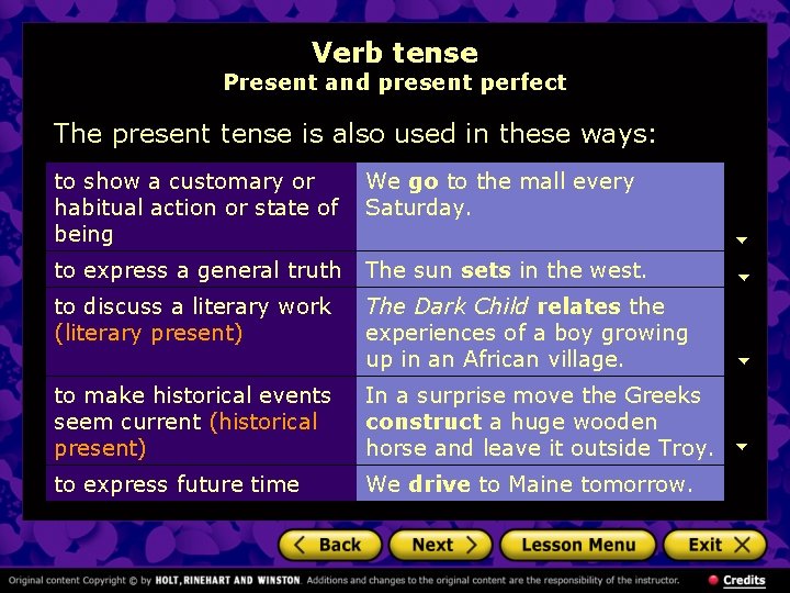 Verb tense Present and present perfect The present tense is also used in these