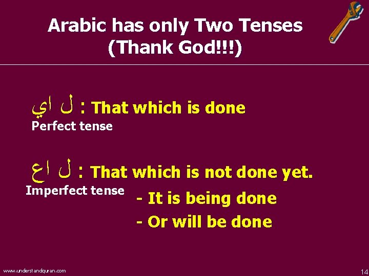 Arabic has only Two Tenses (Thank God!!!) ﻝ ﺍﻱ : That which is done