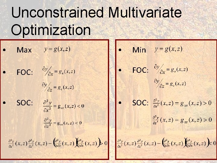 Unconstrained Multivariate Optimization • Max • Min • FOC: • SOC: 