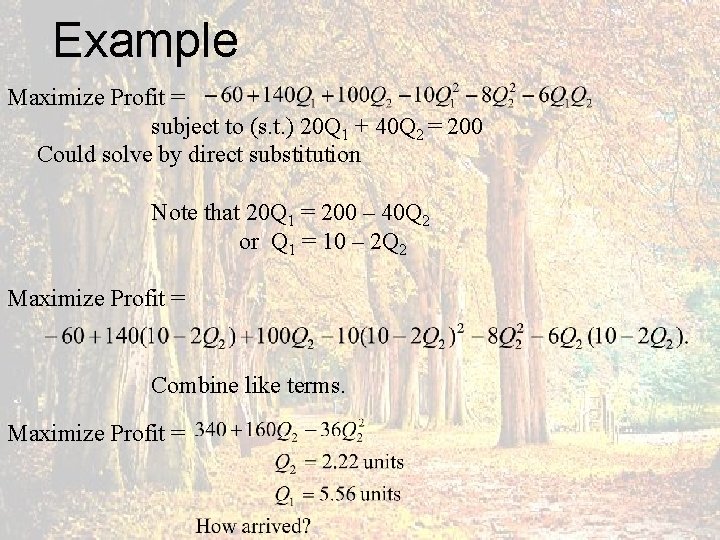 Example Maximize Profit = subject to (s. t. ) 20 Q 1 + 40