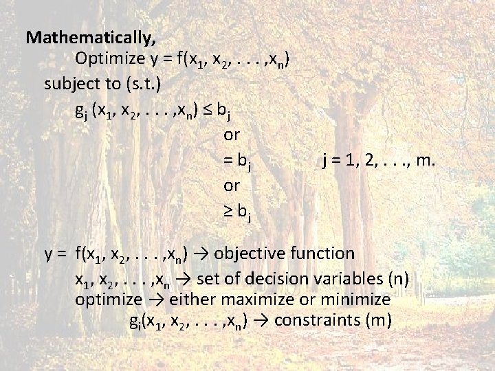 Mathematically, Optimize y = f(x 1, x 2, . . . , xn) subject