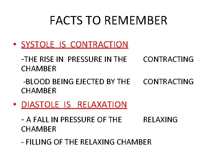 FACTS TO REMEMBER • SYSTOLE IS CONTRACTION -THE RISE IN PRESSURE IN THE CHAMBER
