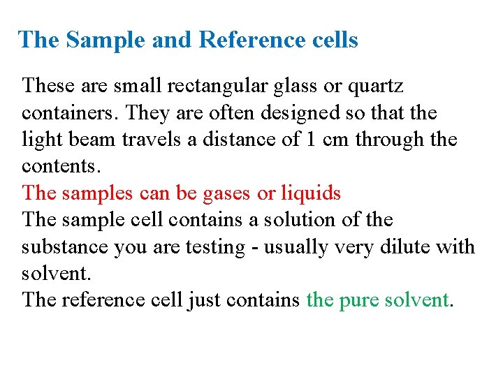 The Sample and Reference cells These are small rectangular glass or quartz containers. They The Sample and Reference cells These are small rectangular glass or quartz containers. They