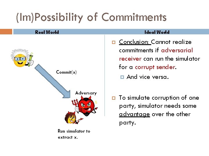 (Im)Possibility of Commitments Real World Ideal World Conclusion: Cannot realize commitments if adversarial receiver