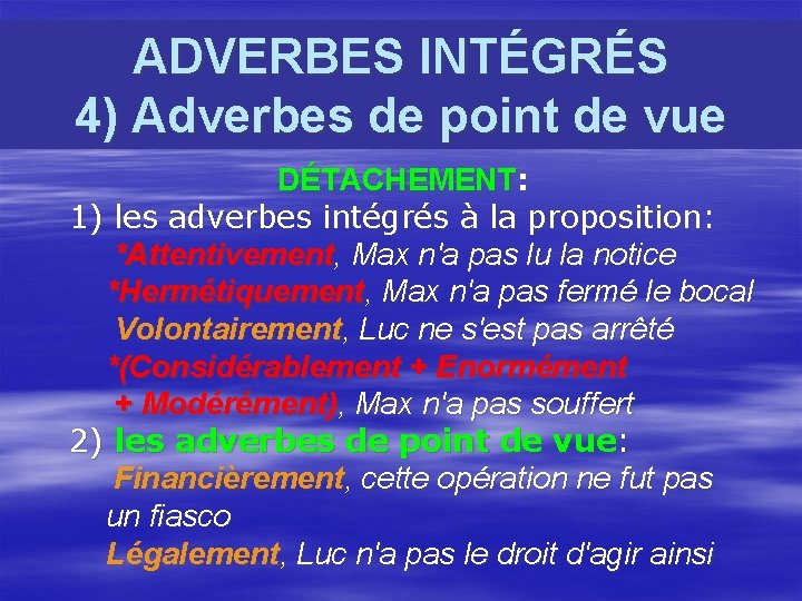 ADVERBES INTÉGRÉS 4) Adverbes de point de vue DÉTACHEMENT: 1) les adverbes intégrés à
