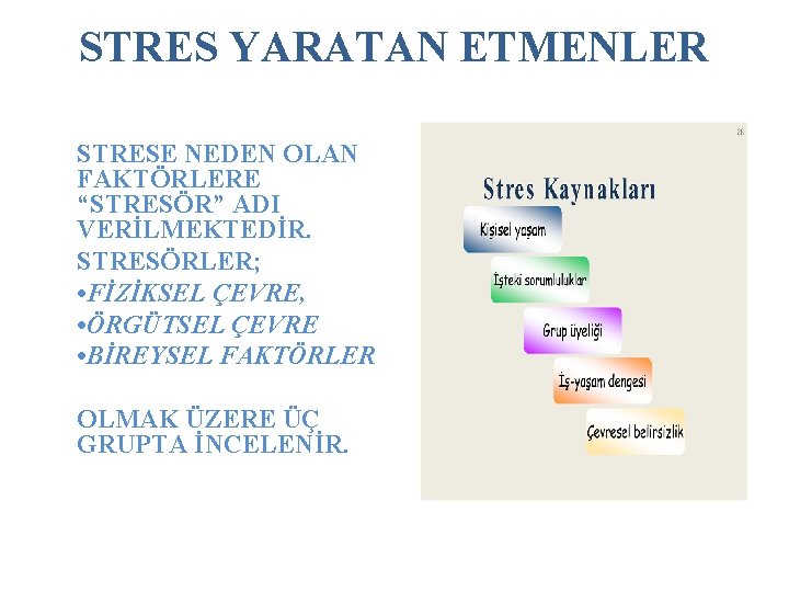 STRES YARATAN ETMENLER STRESE NEDEN OLAN FAKTÖRLERE “STRESÖR” ADI VERİLMEKTEDİR. STRESÖRLER; • FİZİKSEL ÇEVRE,