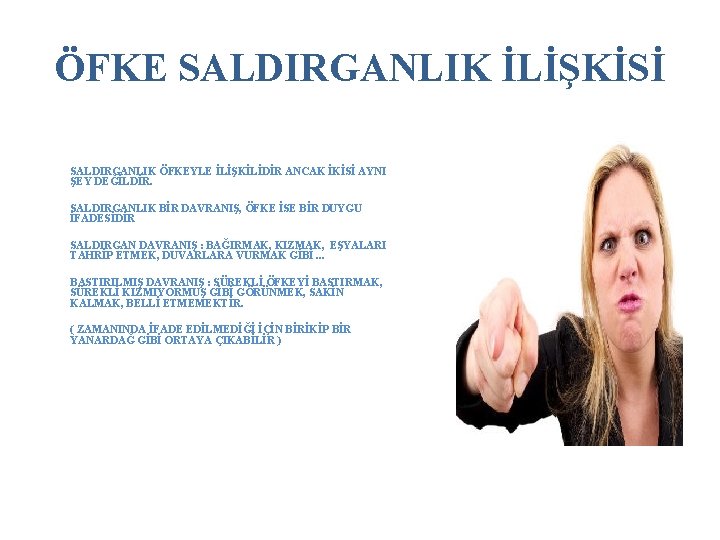 ÖFKE SALDIRGANLIK İLİŞKİSİ SALDIRGANLIK ÖFKEYLE İLİŞKİLİDİR ANCAK İKİSİ AYNI ŞEY DEĞİLDİR. SALDIRGANLIK BİR DAVRANIŞ,