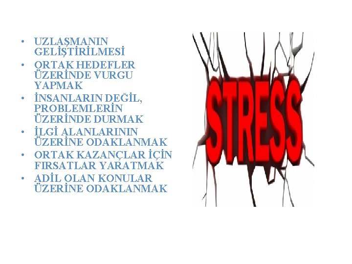  • UZLAŞMANIN GELİŞTİRİLMESİ • ORTAK HEDEFLER ÜZERİNDE VURGU YAPMAK • İNSANLARIN DEĞİL, PROBLEMLERİN