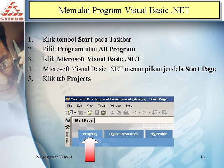Memulai Program Visual Basic. NET 1. 2. 3. 4. 5. Klik tombol Start pada