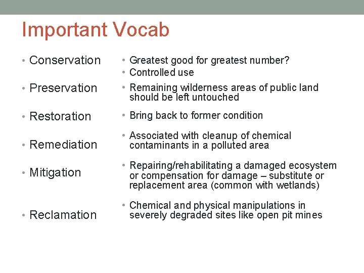 Important Vocab • Conservation • Preservation • Greatest good for greatest number? • Controlled