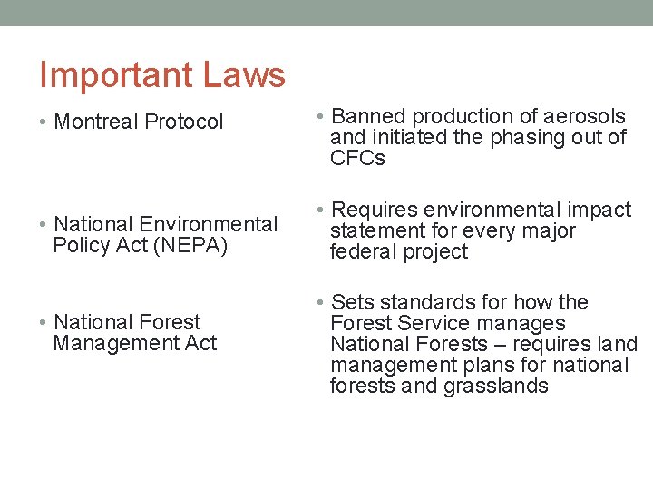 Important Laws • Montreal Protocol • National Environmental Policy Act (NEPA) • National Forest