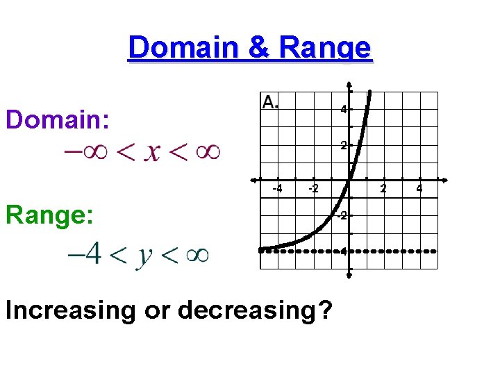 Domain & Range Domain: Range: Increasing or decreasing? Domain & Range Domain: Range: Increasing or decreasing?