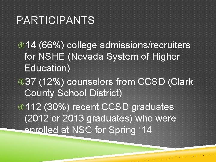 PARTICIPANTS 14 (66%) college admissions/recruiters for NSHE (Nevada System of Higher Education) 37 (12%)