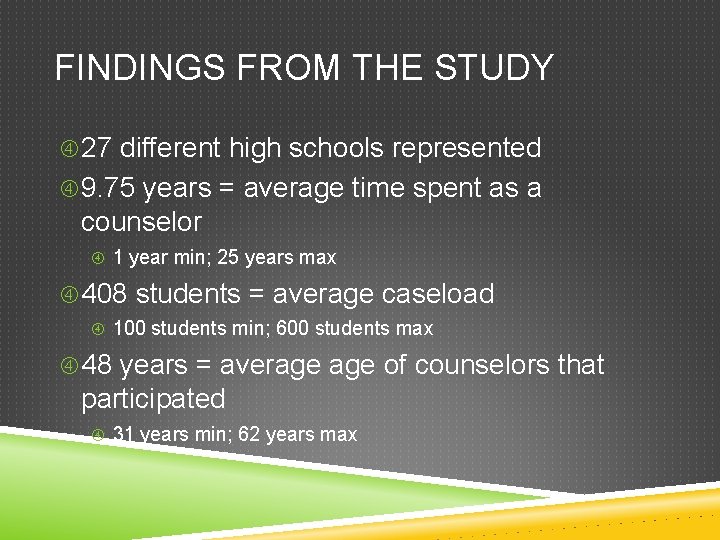 FINDINGS FROM THE STUDY 27 different high schools represented 9. 75 years = average