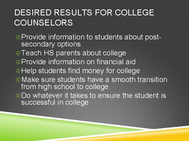 DESIRED RESULTS FOR COLLEGE COUNSELORS Provide information to students about post- secondary options Teach