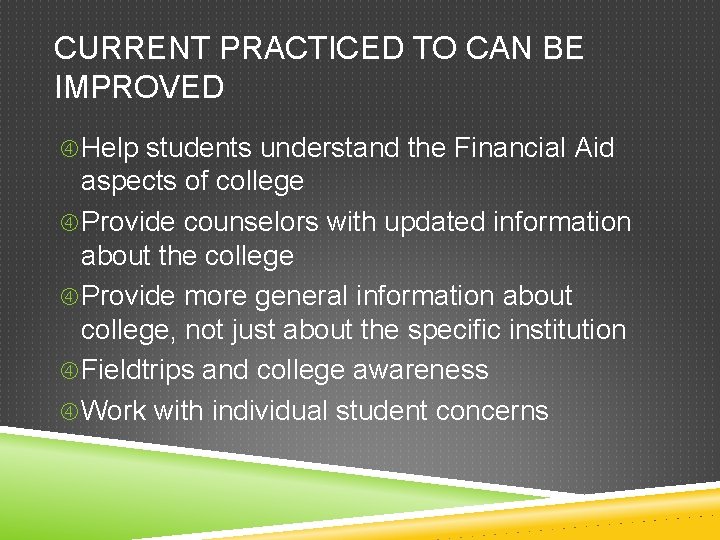 CURRENT PRACTICED TO CAN BE IMPROVED Help students understand the Financial Aid aspects of