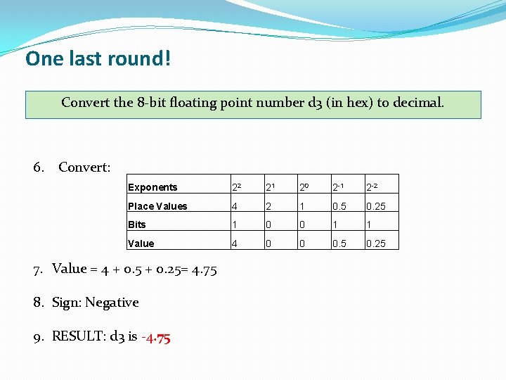 One last round! Convert the 8 -bit floating point number d 3 (in hex)