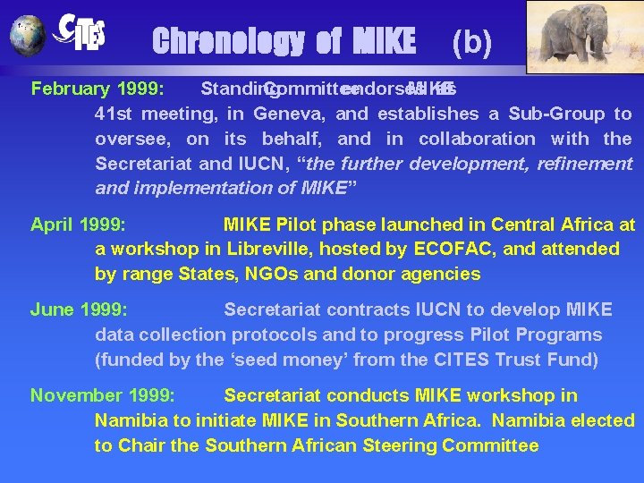 Chronology of MIKE (b) February 1999: Standing Committee endorses MIKE its at 41 st