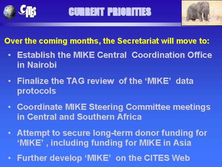 CURRENT PRIORITIES Over the coming months, the Secretariat will move to: • Establish the