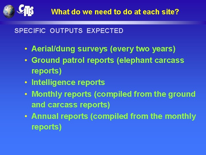 What do we need to do at each site? SPECIFIC OUTPUTS EXPECTED • Aerial/dung