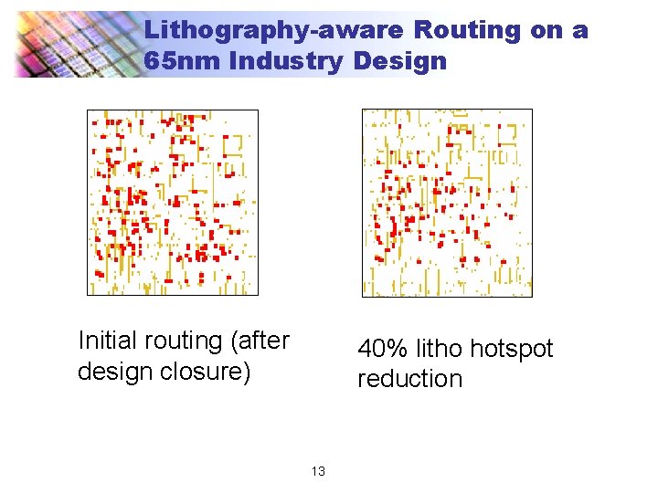 Lithography-aware Routing on a 65 nm Industry Design Initial routing (after design closure) 40%