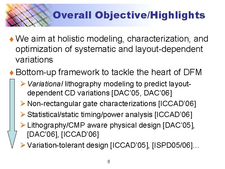 Overall Objective/Highlights We aim at holistic modeling, characterization, and optimization of systematic and layout-dependent