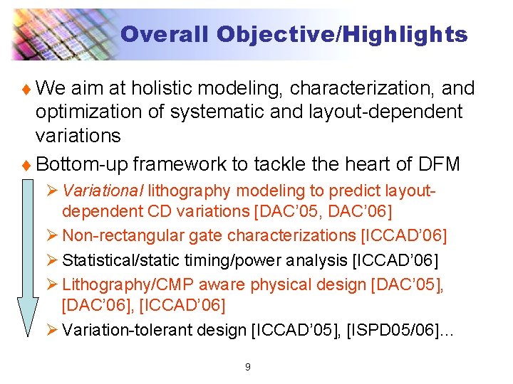 Overall Objective/Highlights We aim at holistic modeling, characterization, and optimization of systematic and layout-dependent
