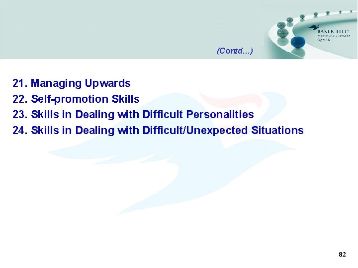 (Contd…) 21. Managing Upwards 22. Self-promotion Skills 23. Skills in Dealing with Difficult Personalities