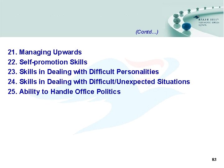 (Contd…) 21. Managing Upwards 22. Self-promotion Skills 23. Skills in Dealing with Difficult Personalities