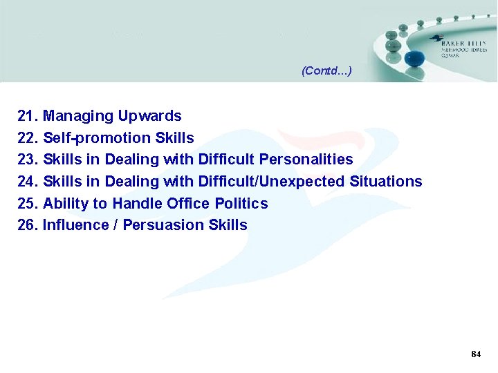 (Contd…) 21. Managing Upwards 22. Self-promotion Skills 23. Skills in Dealing with Difficult Personalities