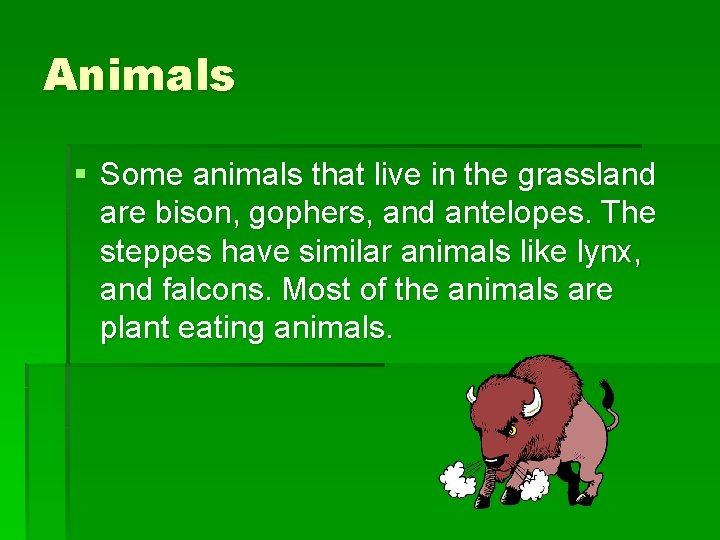 Animals § Some animals that live in the grassland are bison, gophers, and antelopes.