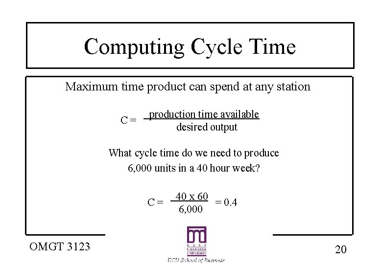 Computing Cycle Time Maximum time product can spend at any station C= production time Computing Cycle Time Maximum time product can spend at any station C= production time