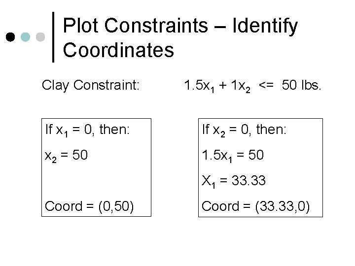 Plot Constraints – Identify Coordinates Clay Constraint: 1. 5 x 1 + 1 x