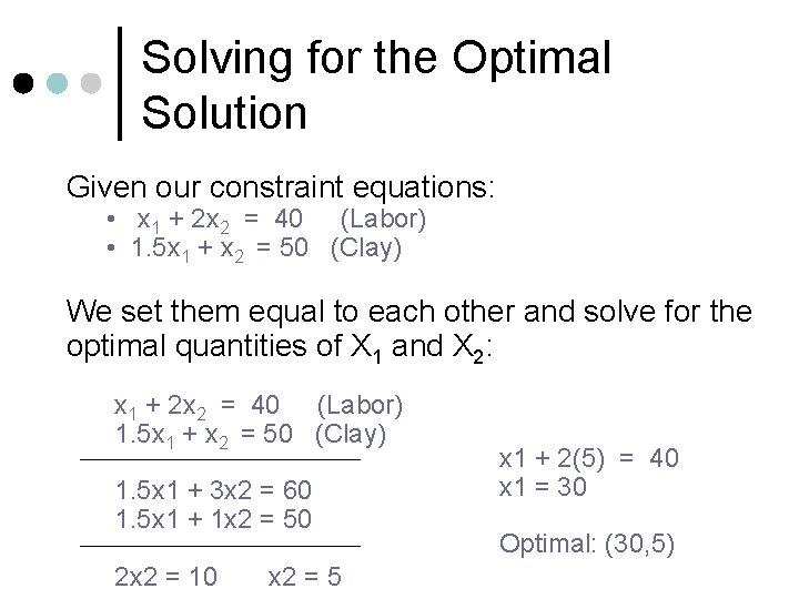 Solving for the Optimal Solution Given our constraint equations: • x 1 + 2