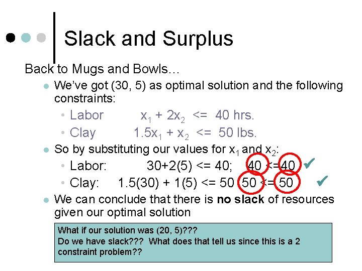 Slack and Surplus Back to Mugs and Bowls… l We’ve got (30, 5) as