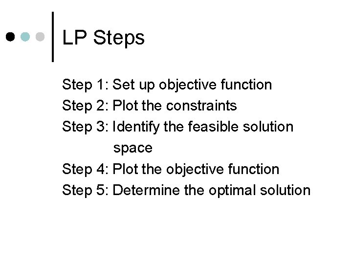 LP Steps Step 1: Set up objective function Step 2: Plot the constraints Step