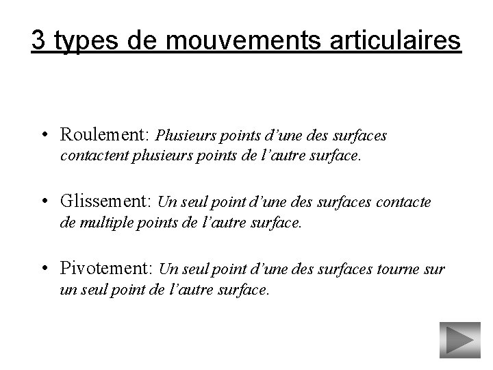 3 types de mouvements articulaires • Roulement: Plusieurs points d’une des surfaces contactent plusieurs