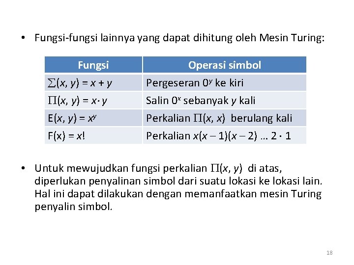  • Fungsi-fungsi lainnya yang dapat dihitung oleh Mesin Turing: Fungsi (x, y) =