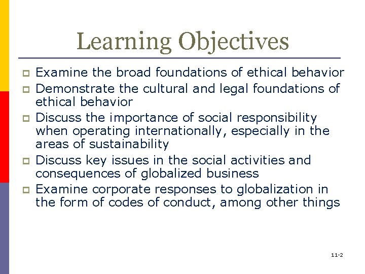 Learning Objectives p p p Examine the broad foundations of ethical behavior Demonstrate the