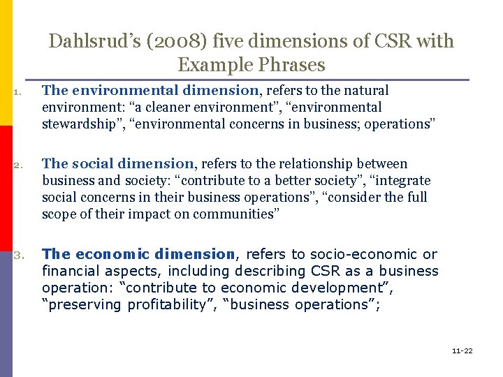 Dahlsrud’s (2008) five dimensions of CSR with Example Phrases 1. The environmental dimension, refers