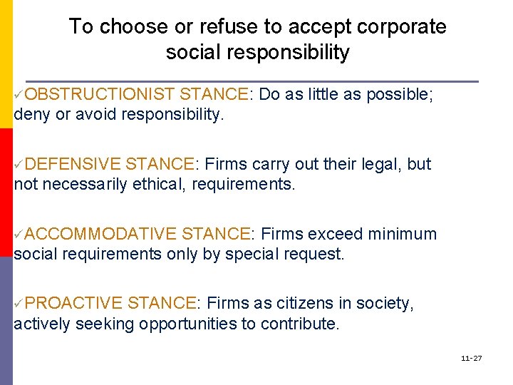 To choose or refuse to accept corporate social responsibility üOBSTRUCTIONIST STANCE: Do as little