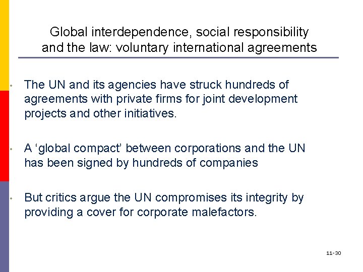 Global interdependence, social responsibility and the law: voluntary international agreements • The UN and