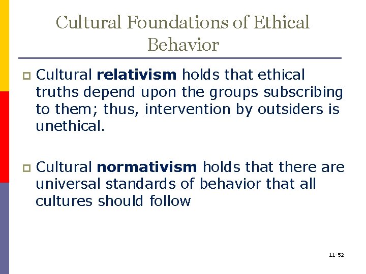 Cultural Foundations of Ethical Behavior p Cultural relativism holds that ethical truths depend upon