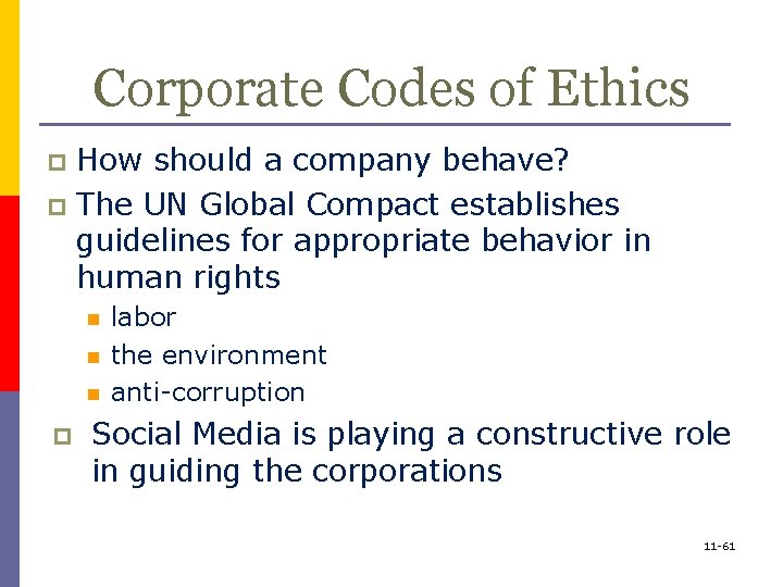 Corporate Codes of Ethics How should a company behave? p The UN Global Compact